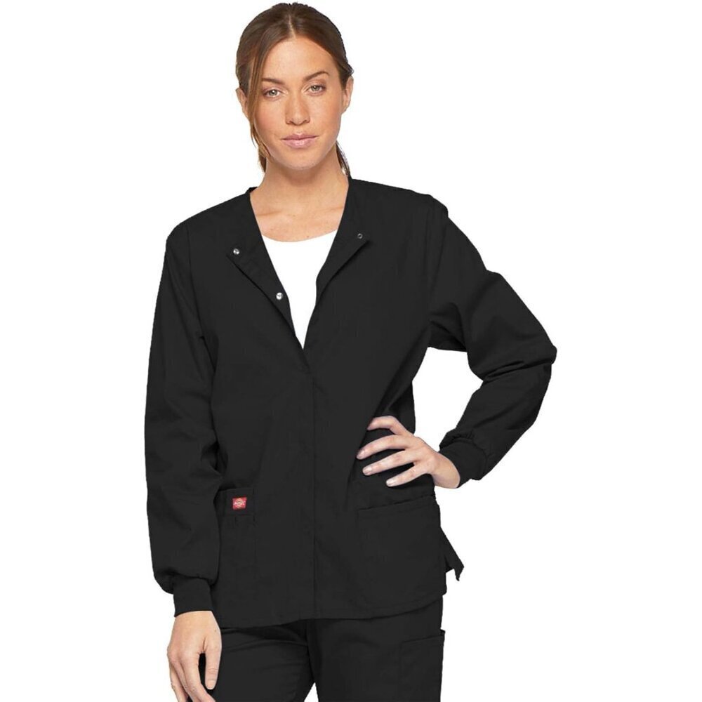 Women Scrubs Jacket Warm Up Snap Front Black X-Large Durable Cotton Polyester